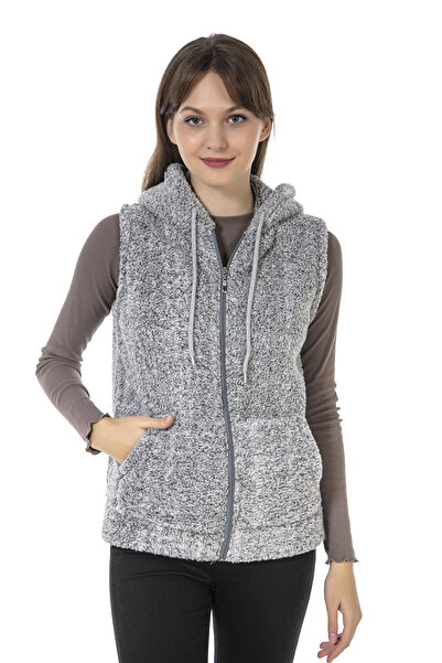 EtkiModa Vestă de pluș fără mâneci cu glugă gri pentru femei