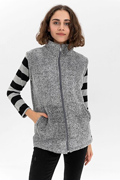 EtkiModa Γυναικείο βελούδινο γιλέκο με γκρι όρθιο γιακά με φερμουάρ