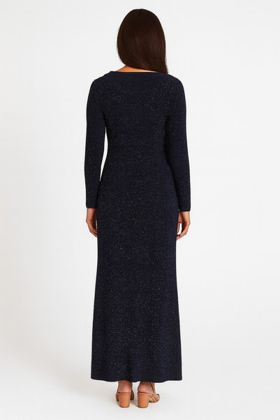 ŞIK VE MUTLU Shiny Navy Blue Long Dress with Glitter Button Detail