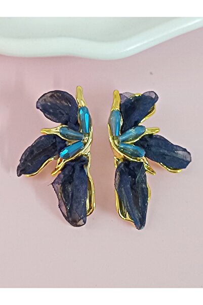 mos&more Marka Model, Lacivert Tüllü Yaprak Kadın Küpe