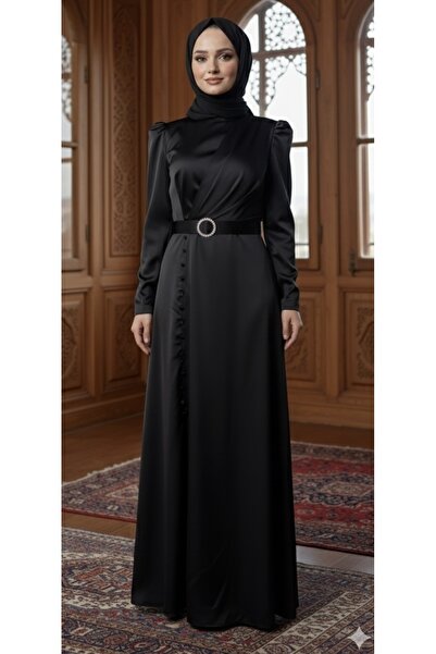 MOI ANGEL Kadın Siyah Maxi Boy Uzun Kollu Saten Düğme Detaylı Kemerli Tesettür Abiye Elbise Düğün Davet Nişan