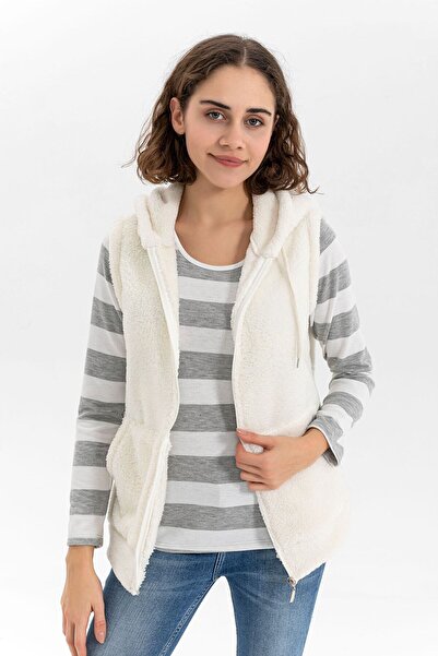 EtkiModa Жіночий безрукавний плюшевий жилет з капюшоном, бежевий