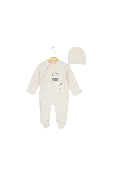 atabay Bear Embroidered Hat and Combed Cotton Socks Jumpsuit Cream