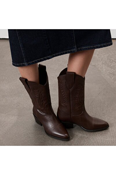 Desa Noa Kahve Kadın Desenli Deri Kovboy Çizmesi