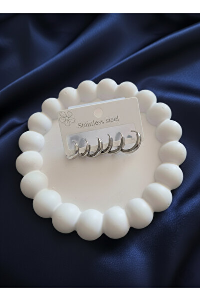 OEM 3'lü Paslanmaz Çelik Basic Halka Küpe Seti - Gümüş Renk