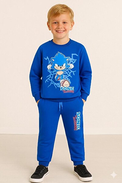 LİTTLE TORTOİSE Erkek Çocuk Mavi Sonic Baskılı Uzun Kollu 3 Iplik ŞARDONLU Kışlık Sweatshirt / Eşofman Takımı
