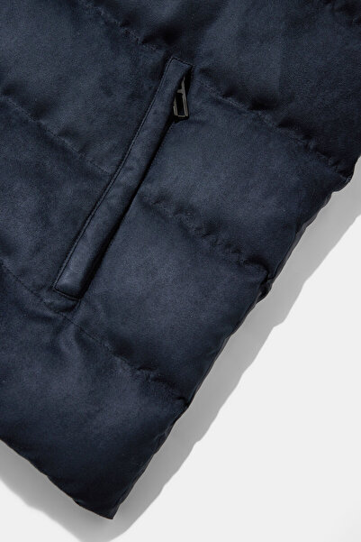 W Collection Stand-Up Collar Zippered Dark Blue Coat