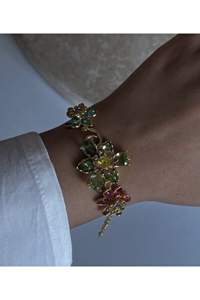 Trend Marka Model Özel Koleksiyon Çiçekli Taşlı Gold SWRSKİ Bilezik Renkli Taşlı Bileklik