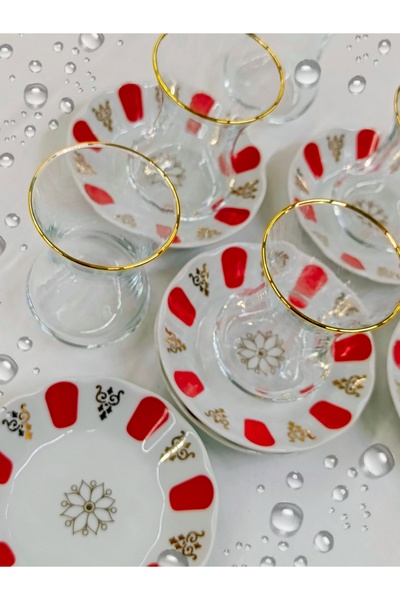 SAMSA Altın kırmızı desenli cam bardak porland tabak porselen 6 kişilik çay seti