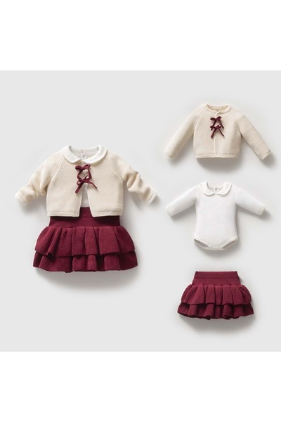 LOVE MAXX Nipperland Cardigan Skirt Knit Three-Piece Set Burgundy