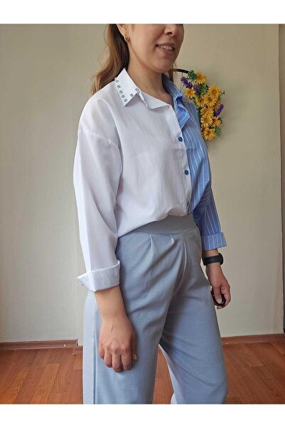 MADAME MELEK High Waist Elastic Back Waist Lycra Linen Light Blue Women's Salwar Trousers