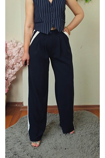 MADAME MELEK Imported Fabric Palazzo Trousers - Side Stripe Detail