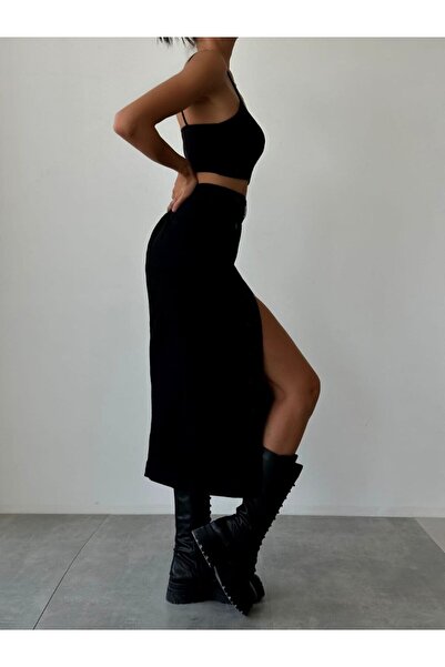 MADAME MELEK Fusta de damă, negru nuanțat, cu nasturi în față, lungime midi, ...