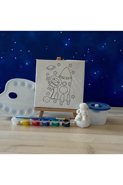 mika house Uzay Temalı17x17 Cm Baskılı Tuval &alçı Figür Çocuk Boyama Hobi Seti