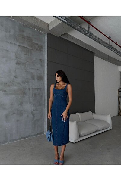 MADAME MELEK Yırtmaçlı Sırt Fermuarlı Midi Mavi Denim Elbise Kot Elbise Denim Dress
