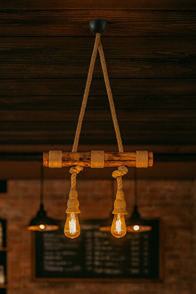 Eyzhen Jüt Halatlı Sarkıt Ahşap Avize Kafe Balkon Ofis Dekor 2’ li Aydınlatma