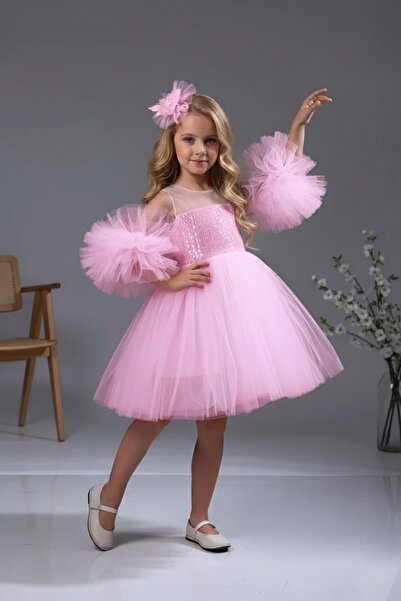 ABİYEKİDS Kol Detaylı Ponponlu Tokalı Pembe Renk Çocuk Abiye Aby458