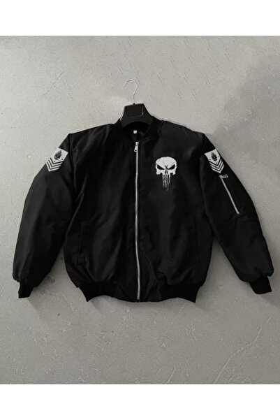 babatr.com Unisex μακρυμάνικο μπουφάν Bomber με στάμπα με κρανίο - Μαύρο