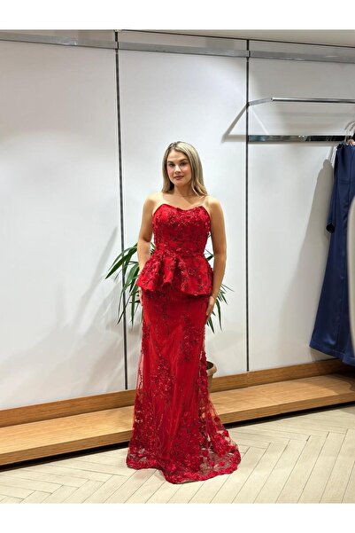 Diva style فستان سهرة مميز وراقي احمر ورد بتصميم تركي