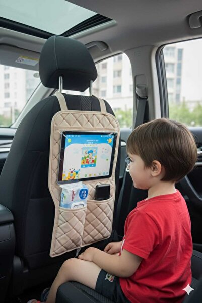 MYS FLEX Kapitone Krem Deri Araç Koltuk Arkası Organizer/BEJ TABLET TELEFON T...