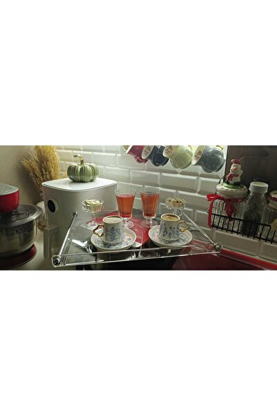 innossa pleksi dekorasyon Brass Plated Plexiglass Tea & Coffee Tray with Silver Handles for 6 Persons