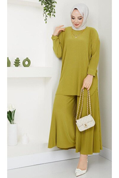 modamira Kadın Sandy Yağ Yeşil Komple Piliseli Ikli Tesettür 2li Pantolonlu T...
