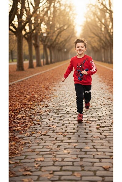 DUDO GİYİM طقم علوي سفلي سبايدرمان مطبوع باللون الأحمر