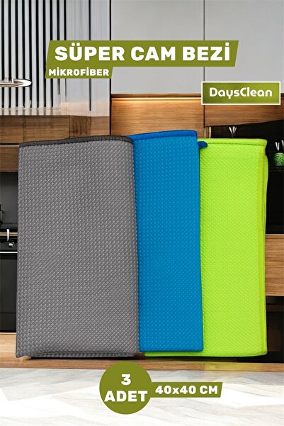 DaysClean 3'lü Mikrofiber Süper Cam Temizlik Bezi | Mutfak Cam Araba Temizlik Bezi | 40x40 |