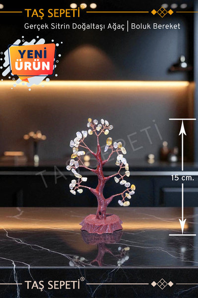 TAŞ SEPETİ Gerçek Sitrin Doğal Taşı Ağaç Para Mıknatısı Feng Shui Hayat Ağacı 15 Cm