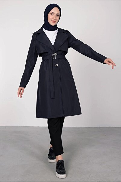 TRENDTESETTÜR Жіночий темно-синій тренчкот з коміром-краваткою та поясом T 7395