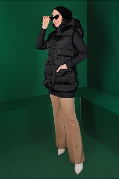 TRENDTESETTÜR Жіночий чорний жилет з підтягнутим поясом і кишенями 1010