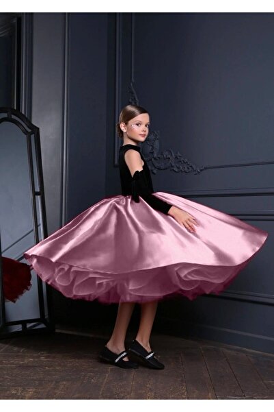 KINGDOM KIDS Kız Çocuk Abiye Elbise – Kadife Üst, Pembe Saten Etek, Çıkarılabilir Kollu