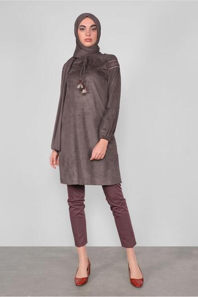 TRENDTESETTÜR Women's Gray Lace-up Collar Tunic 40263