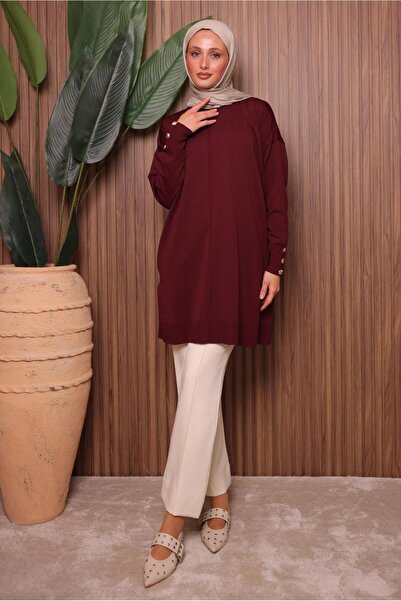 TRENDTESETTÜR Women's Burgundy Button-Detail Tricot Tunic t 5007