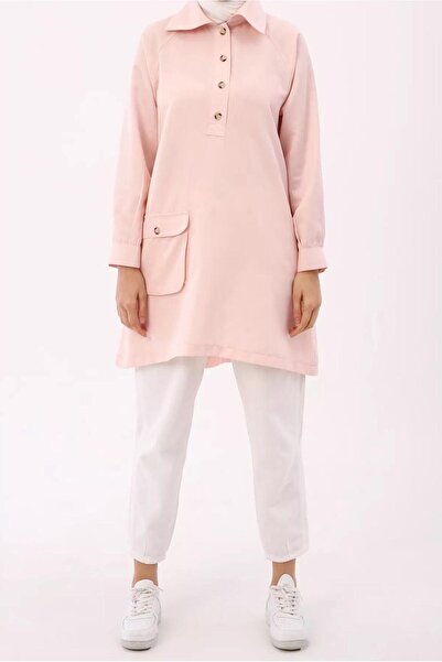 TRENDTESETTÜR Women's Pink Polo Collar Buttoned Pocket Detailed Tunic 12005