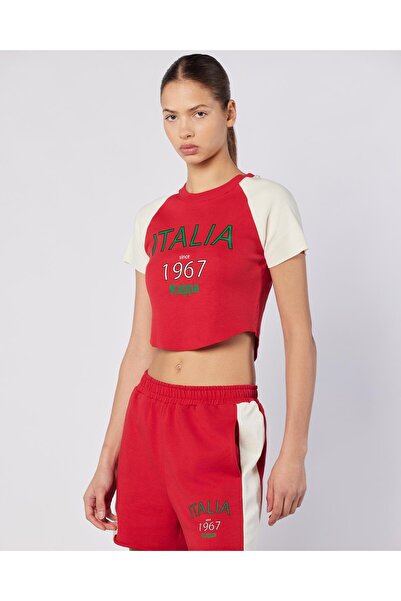 Kappa Balde Tee Kadın Ekru-Kırmızı Regular Fit Tişört