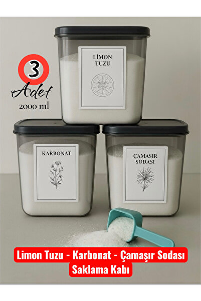 Dem Home 3' Lü Antrasit Deterjan Saklama Kabı 2000 Ml Karbonat Ve Çamaşır Sodası, Limon Tuzu Kutusu