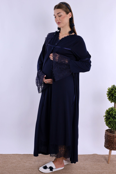 ByLohusa Effortt Lacivert Sabahlıklı Hamile Lohusa Gecelik Takım