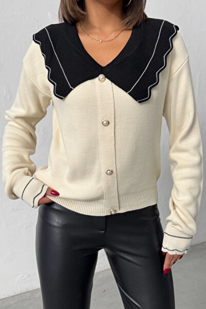 URİS Women's Stylish Collar Detailed Buttoned Cardigan - Ecru