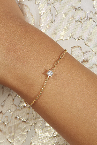 Joy of Jade Kadın Zincir Bileklik 18 Ayar Altın, Tektaş (925A. GÜMÜŞ ÜZERİNE 18 AYAR ALTIN) Zeta