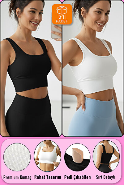 SHİBA Kadın Crop 2'li Paket Siyah - Beyaz Pedli Spor Sütyeni Yarım Atlet Büstiyer Bluz