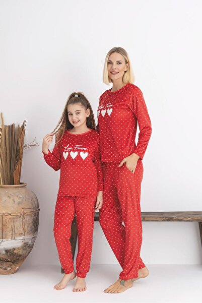 Mina Style Mother Girl Red Polka Dot Heart Embroidered French Velvet Pajama Set