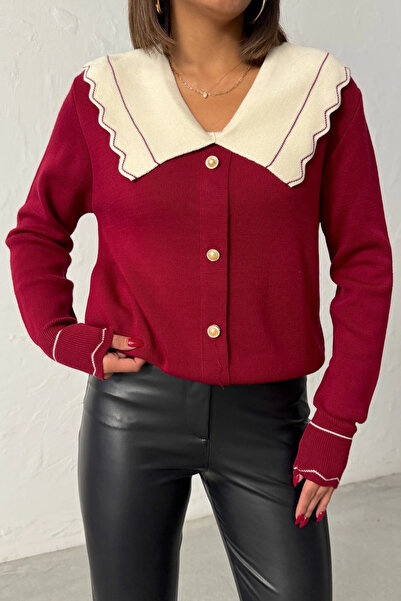 URİS Women's Stylish Collar Detailed Buttoned Cardigan - Burgundy
