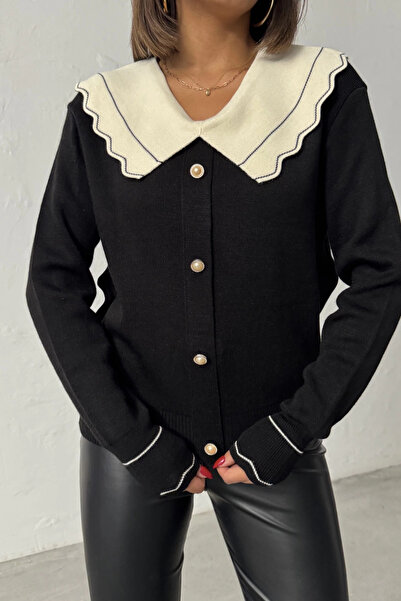 URİS Cardigan cu nasturi cu detaliu la guler pentru femei - negru