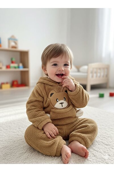 MeaShop Peluş Ayıcık Nakışlı Kapüşonlu Bebek&çocuk Takımı / Wellsoft Polar Kumaş