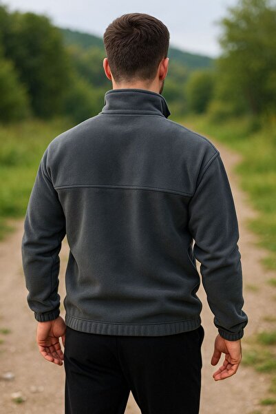 JR Boutique Erkek Nakışlı Polar Sweatshirt Dik Yaka Yarım Fermuar Beli Lastikli