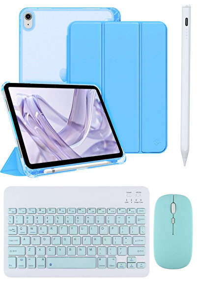 Covpor Apple iPad 11. NESİL A16 ve 10.NESİL 10.9 Uyumlu Flip Kılıf Mavi + Bluetoothlu Klavye Mouse + Kalem