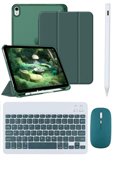 Covpor Apple iPad 11. NESİL A16 ve 10.NESİL 10.9 Uyumlu Flip Kılıf Yeşil + Bluetoothlu Klavye Mouse + Kalem