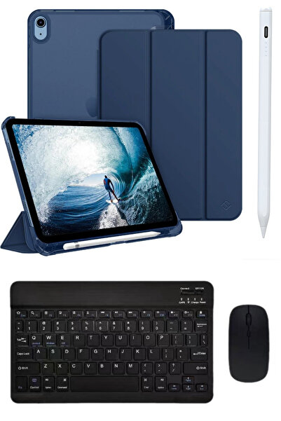 Covpor Apple iPad 11. NESİL A16 ve 10.NESİL 10.9 Uyumlu Flip Kılıf Lacivert+Bluetoothlu Klavye Mouse+Kalem