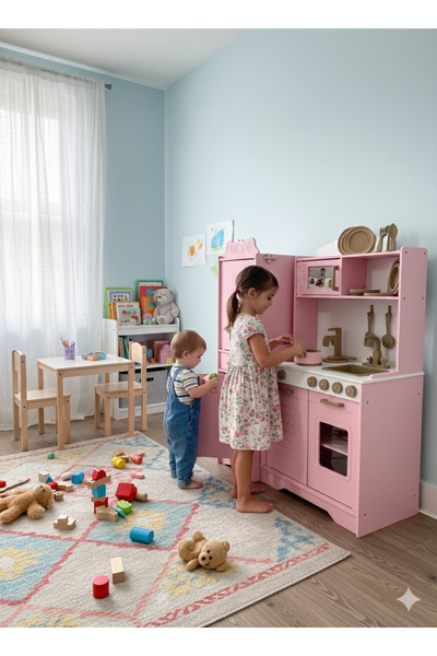 Özka Hobi Ahşap özka pembe buzdolaplı tencere ve tava setli mutfak seti
